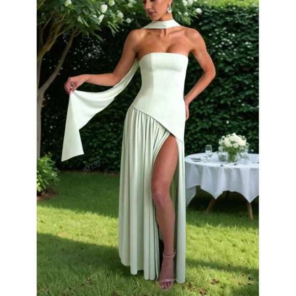 Dresses & Skirts - Women's High Slit Chiffon Ribbon Hem Dress, Sexy Resort Beach Wedding Banquet